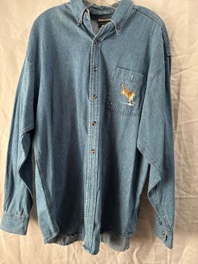 Coldwater Creek Light Blue Denim Shirt with Green Logo Trim